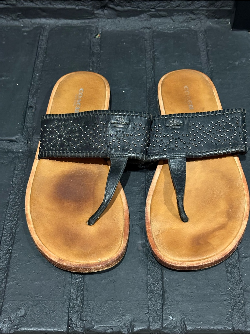 Coach Black and Tan Leather Sandals with Whipstitch Trim